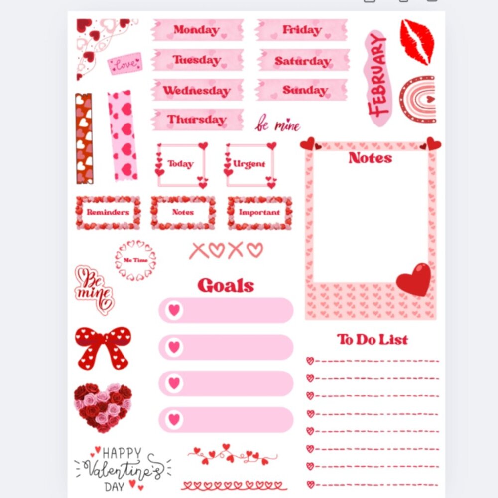 Handmade Stickers, February Valentine's Planner, Journal, Calendar organize